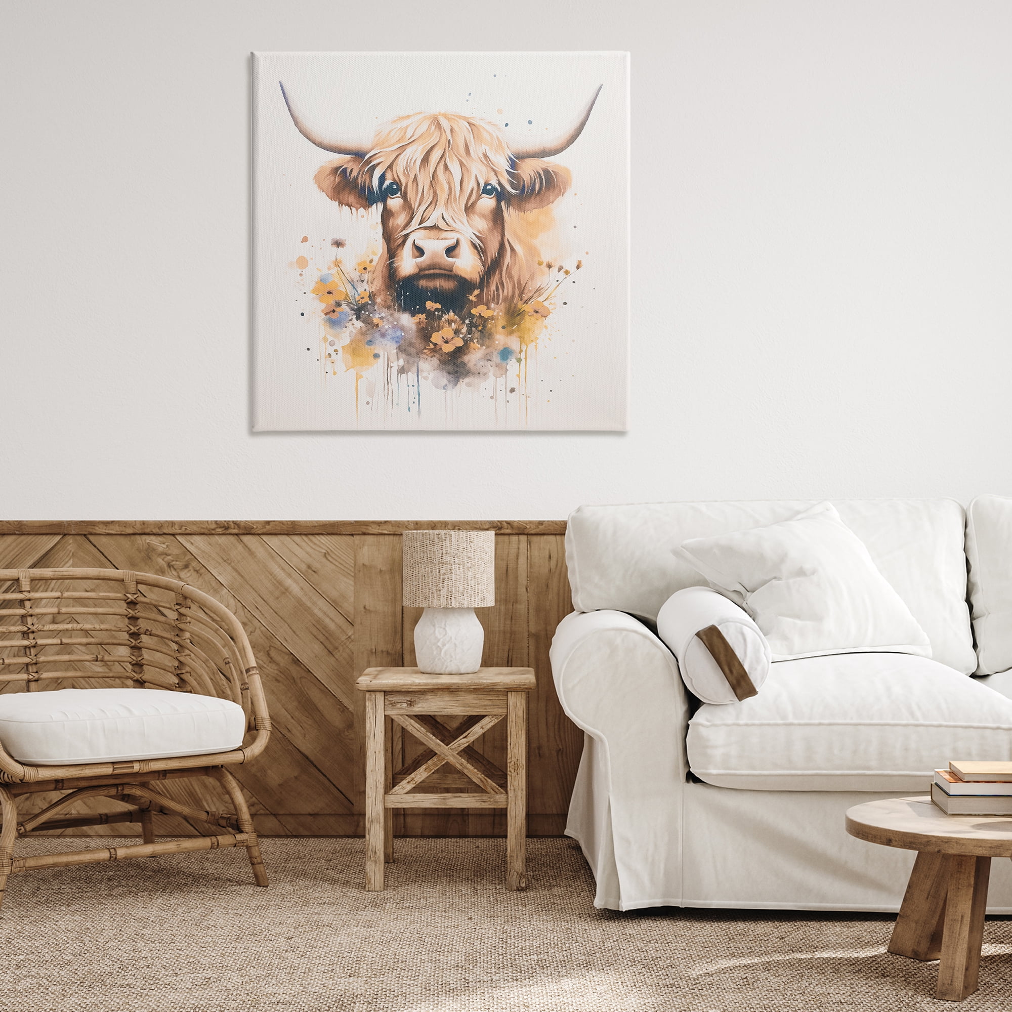 Stupell Industries Fancy Florals Highland Cow Animals Painting Wrapped Canvas Art Print Wall Art, 36 x 36