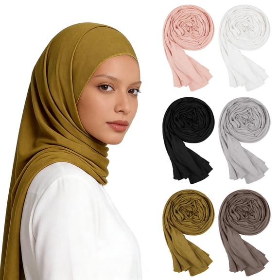 6PCS Women Muslim Head Scarf, Smooth Jersey Hijab Wrap, Solid Color Head Coverings, Long Soft Shawl for Daily Wear