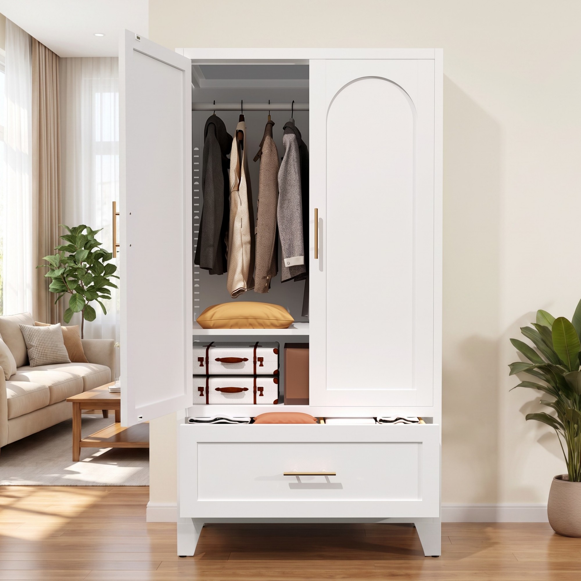 HOQBN 60" Metal Wardrobe Cabinet with 1 Drawer & Hanging Rod,Freestanding Wardrobe Closet with Shelf & 2 Doors for Bedroom,Office,Laundry Room,Entryway,White