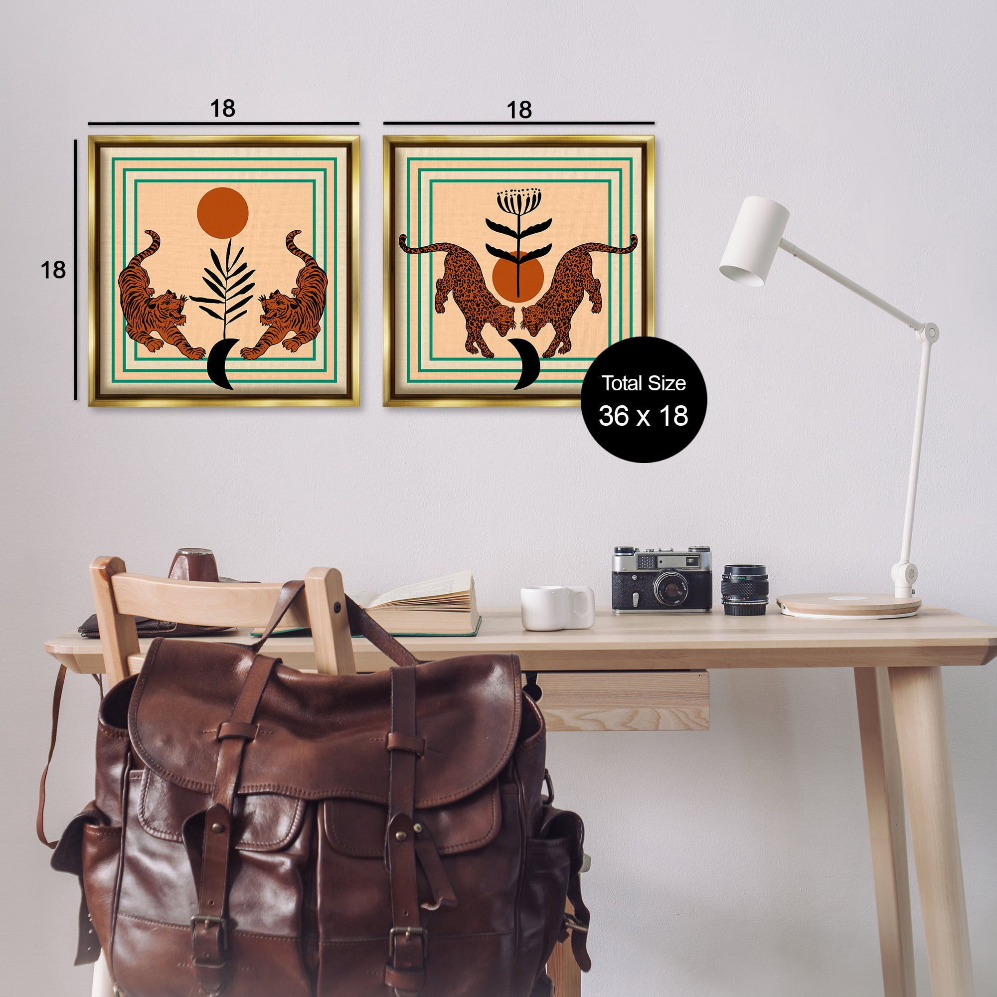 Stupell Industries Boho Symmetrical Wild Cats Animals Painting Gold Floater Framed Canvas Art Print Wall Art, 18 x 18, Set of 2