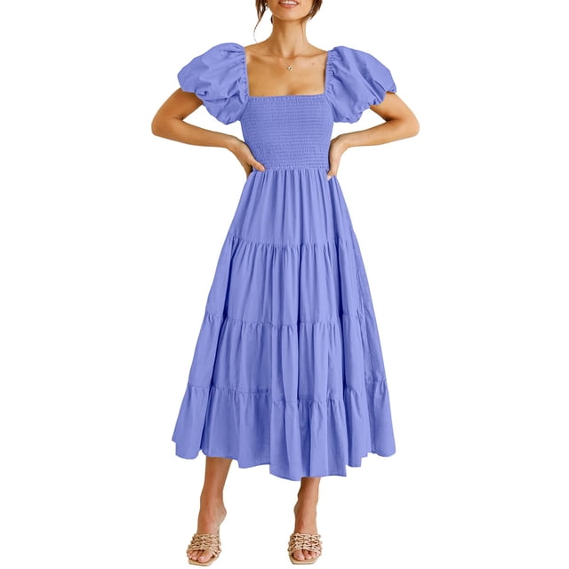Vestido PRETTYGARDEN Midi Morado Azul con Mangas Abullonadas XL