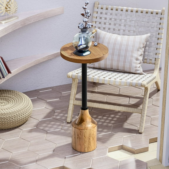 COZAYH Farmhouse Pedestal End Table, Rustic Wood Drink Table with Base, Round Martini Table for Small Space Living Room, Bedroom, Natural Wood & Black