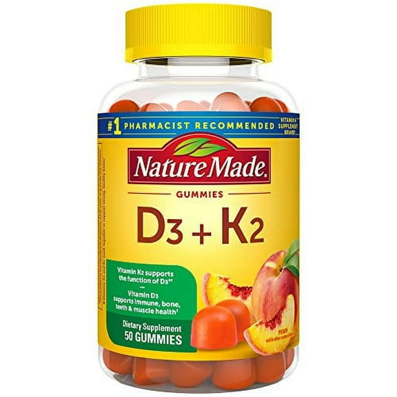 Nature Made Vitamin D3 K2 Gummies, Vitamin D3 5000 IU per serving, Bone, Teeth, Muscle, Immune Health Support, 50 Vitamin D   K2 Gummy Vitamins, 25 Day Supply
