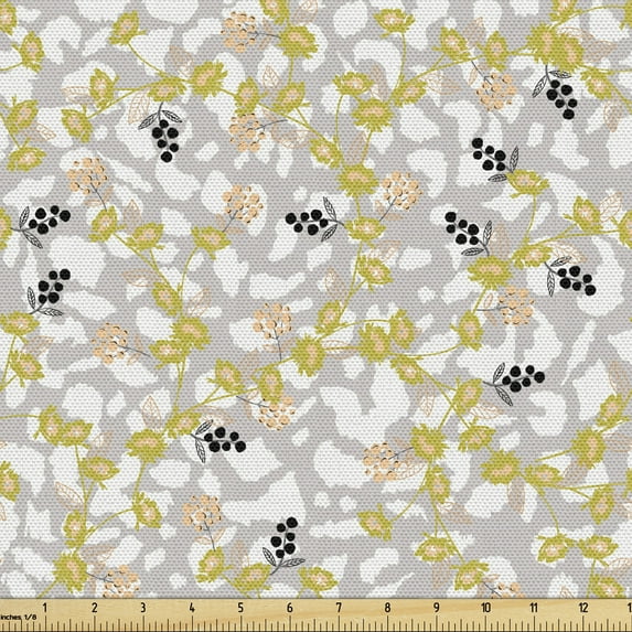 Nature Fabric by the Yard Upholstery, Botanical Theme Flowers Leaves and Berries Pattern on Background of Leopard Skin, Decorative Fabric for DIY and Home Accents, Multicolor by Ambesonne