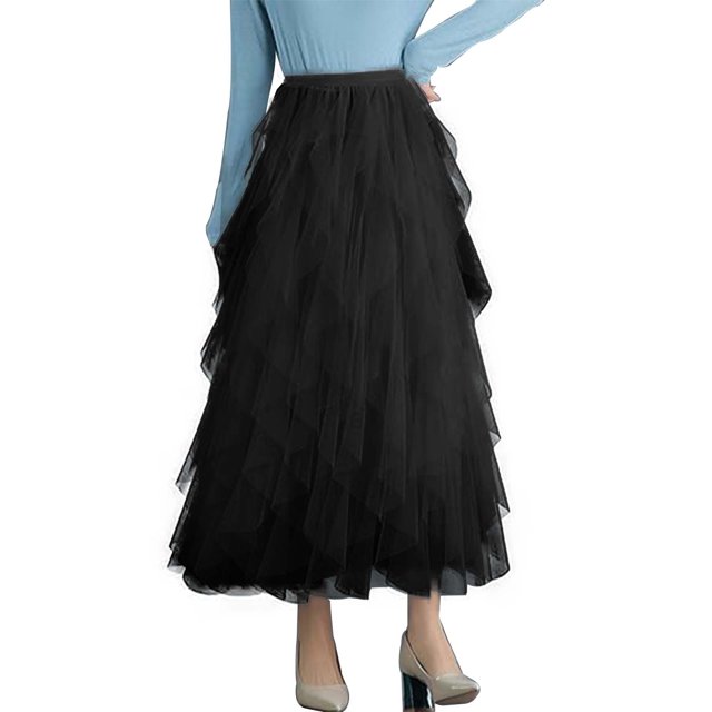 Aayomet Maxi Skirts for Women Solid Color Ruffle Edge Aristocrat Style Evening Maxi Skirt (Black, One Size)