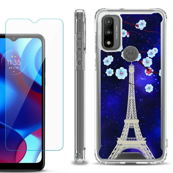 Shockproof Bumper Phone Case for Motorola Moto G Pure, with Tempered Glass Screen Protector, by OneToughShield ® - Eiffel Tower Stars