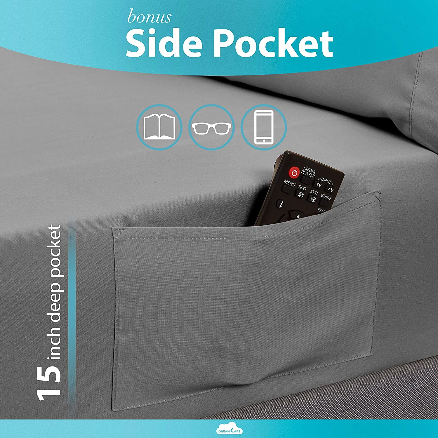 DREAMCARE - Bed Sheets Set - Full Size Sheet with Side Pocket - 4pcs Set, 15 inches, Gray