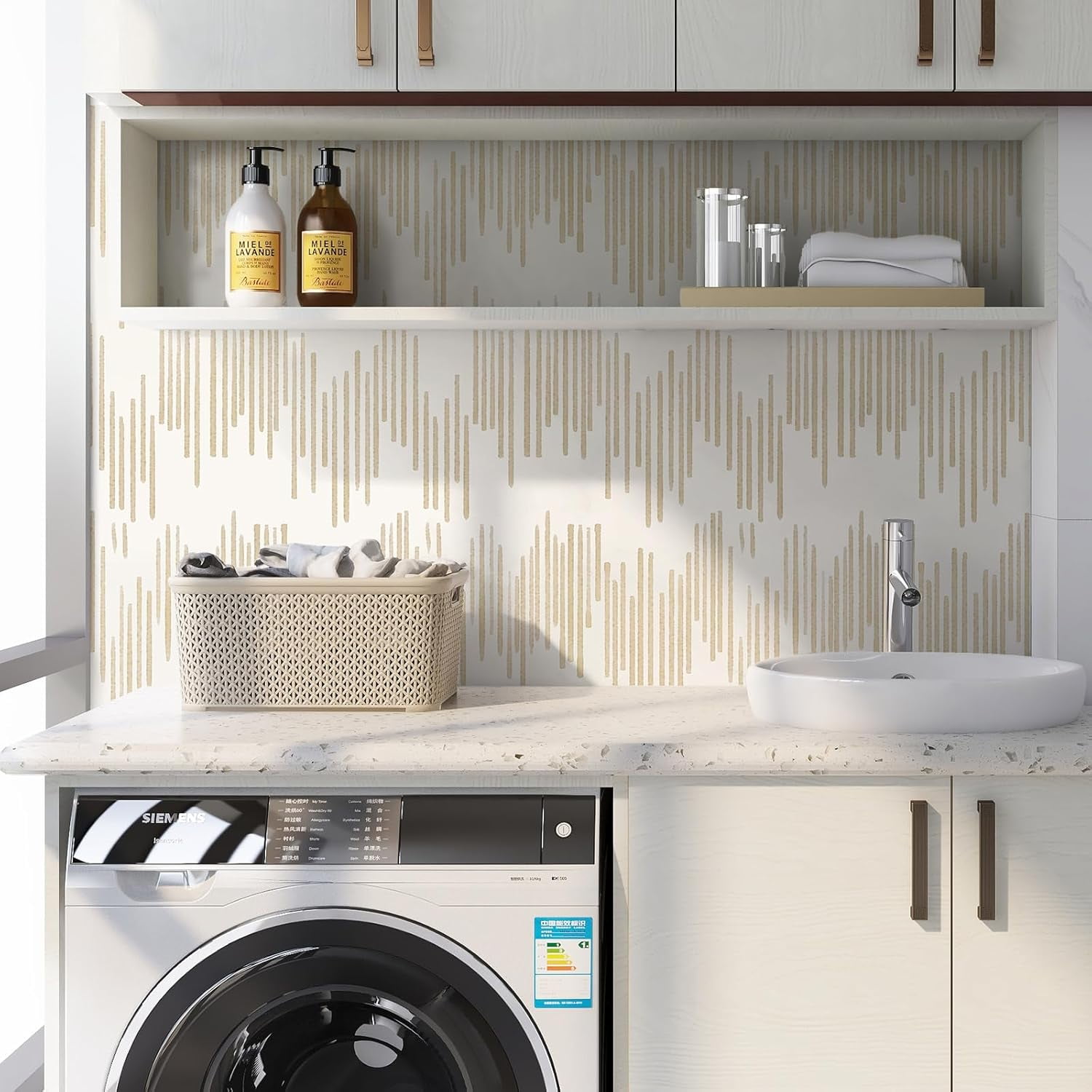 DAZLUTE Peel and Stick Wallpaper Beige Striped Wallpaper Geometric Contact Paper Self Adhesive Removable Wall paper Decorative for Home Bedroom Cabinets Thicken,17.32 in x 394 in