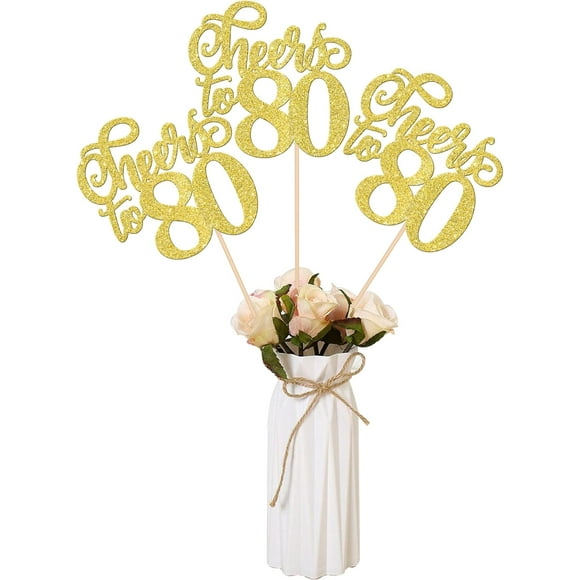 ZHUOWEISM 12 PCS Cheers to 80 Centerpiece Sticks Double Sided Glitter 80th Birthday Cake Picks Number 80 Centerpieces Table Flower Topper Decorations for 80th Birthday Party Centerpiece Supplies Gold