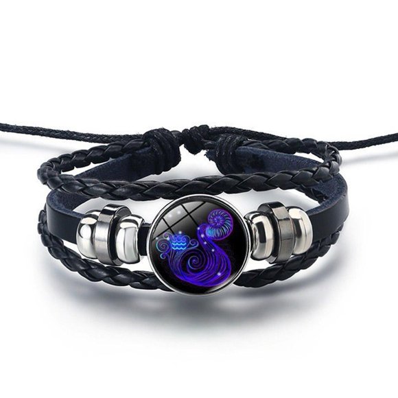 DTREEL 12 Constellations Gemstone Leather Bracelet,Serene Manifestation Bracelet, Signs Spirit Bracelet,Deflect Negativity,Improve Body Energy,Men Gifts for Christmasble Bracelet