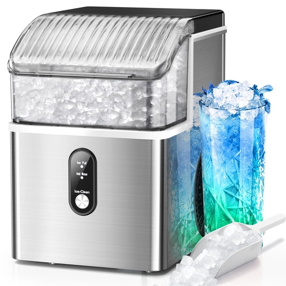 KISSAIR Nugget Ice Maker Countertop, 35lbs/24H with Self-Cleaning Function, Portable Sonic Ice Machine for Home/Office Stainless Steel,Sliver