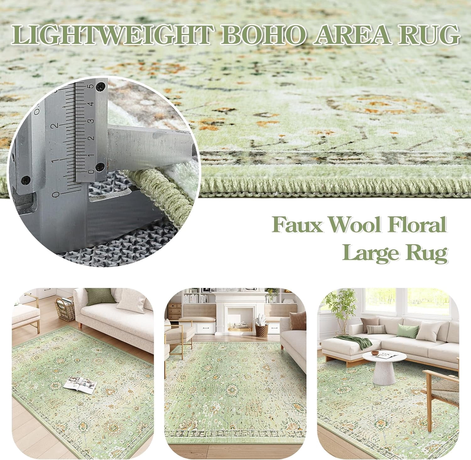 Wonnitar 8'x10' Green Boho Area Rug, 8x10ft Rugs for Bedroom Girls Large Living Room Area Rugs Soft Floral Playroom Rug, Washable Rugs Non Slip Pastel Rug for Bedroom Living Room Carpet