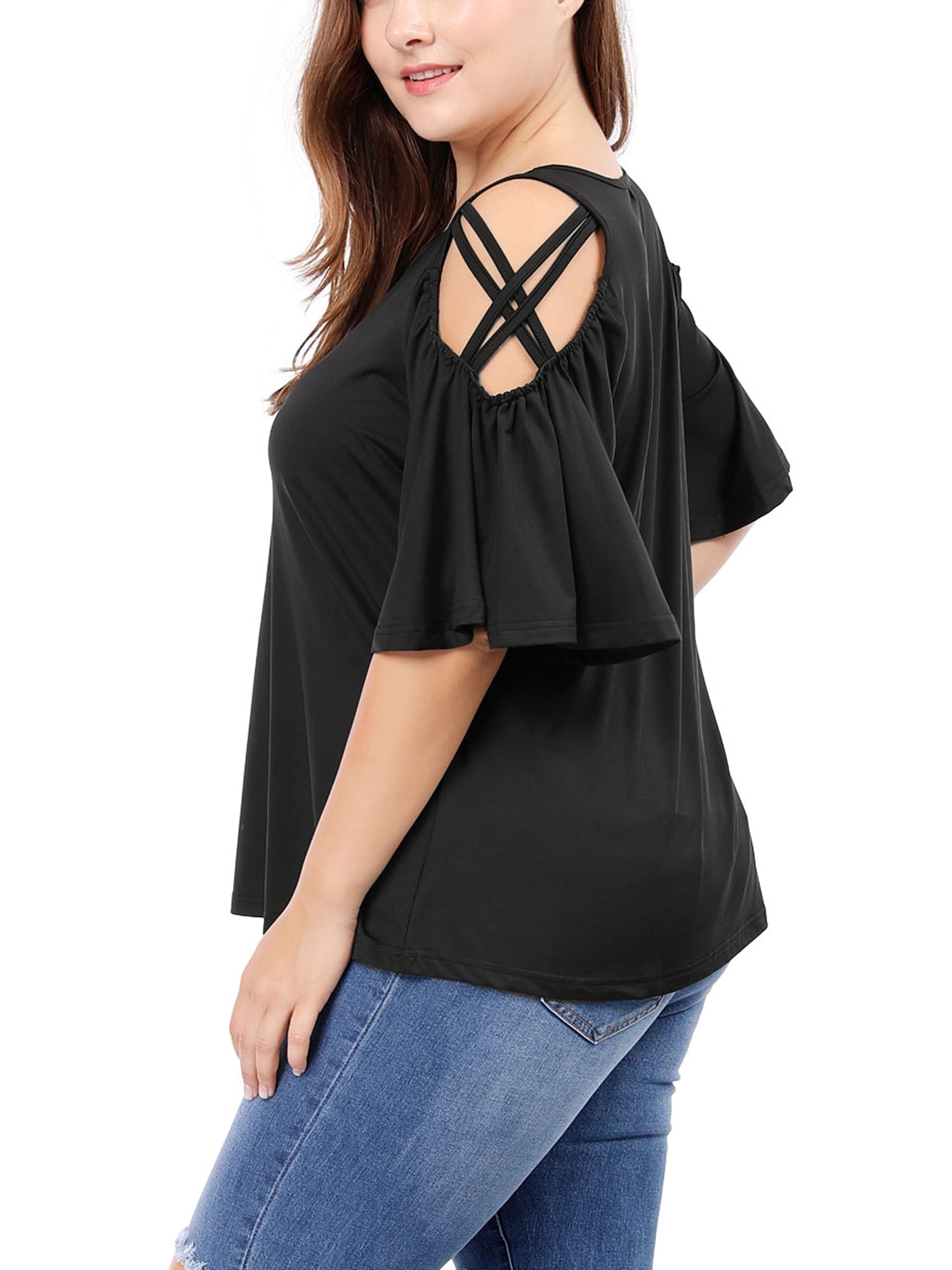 Unique Bargains Women's Plus Solid Strappy Cold Shoulder Trumpet Sleeve T-shirt