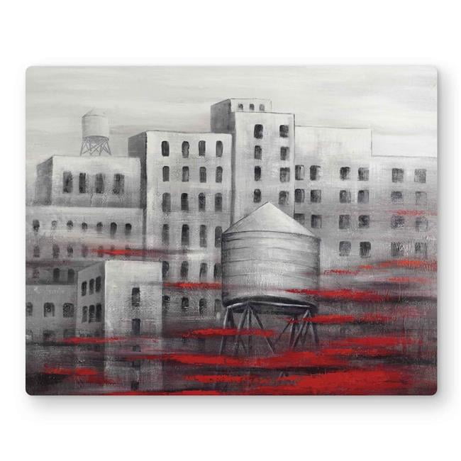 Begin Home Decor C1MP1620AIVLH3 16 x 20 in. Gray City with Red Clouds - Red Building Metal Print Wall Art - Decor