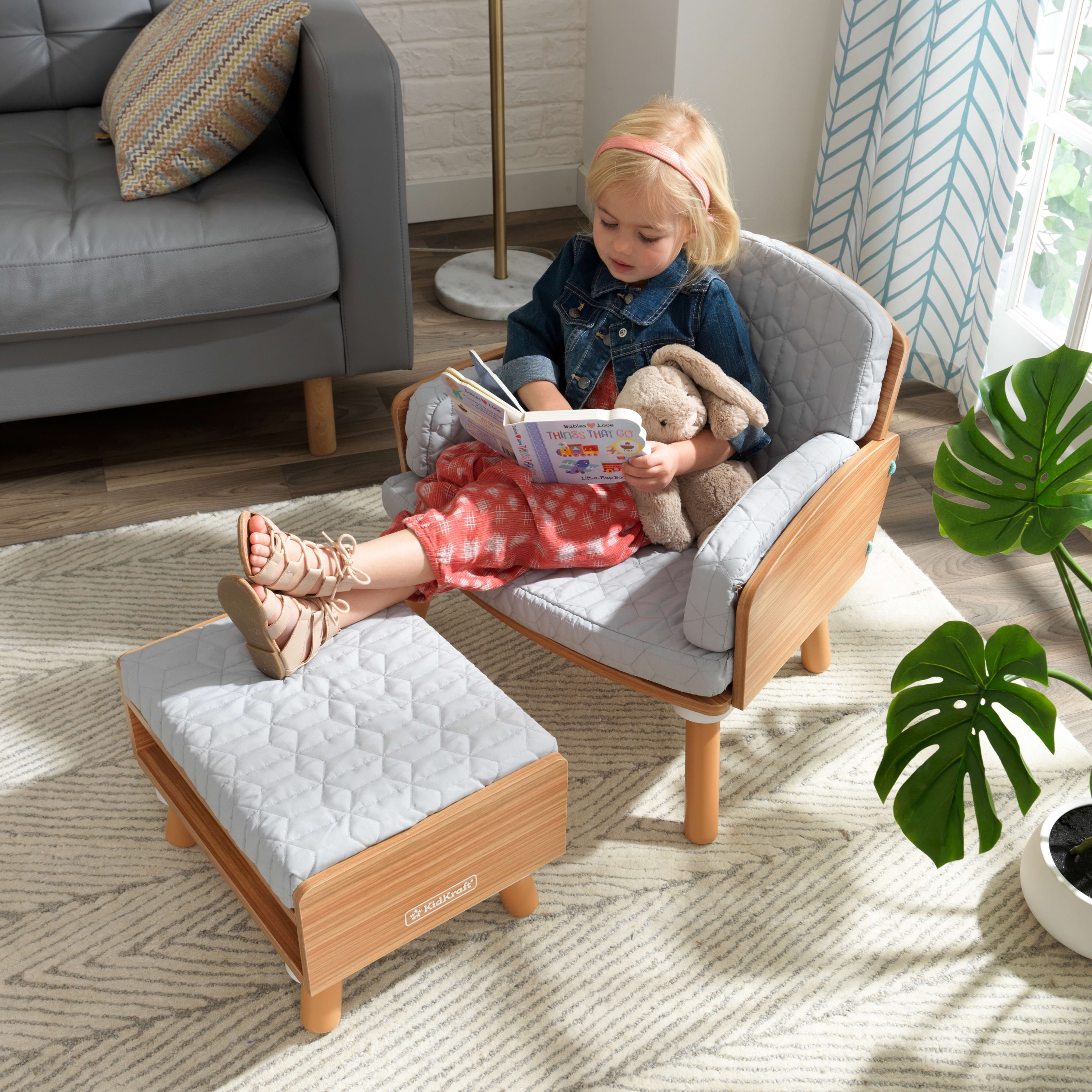 KidKraft Mid-Century kid™ Wooden Reading Chair & Ottoman with Cushions, Gray, Ages 3+