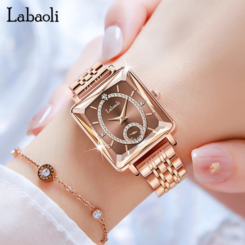 Watches for Women Rose Gold Square Stainless Luxury Fashion Diamond Analog Quartz Waterproof Dress Casual Small Simple Ladies Female Wife Gifts Gold Wrist Watch