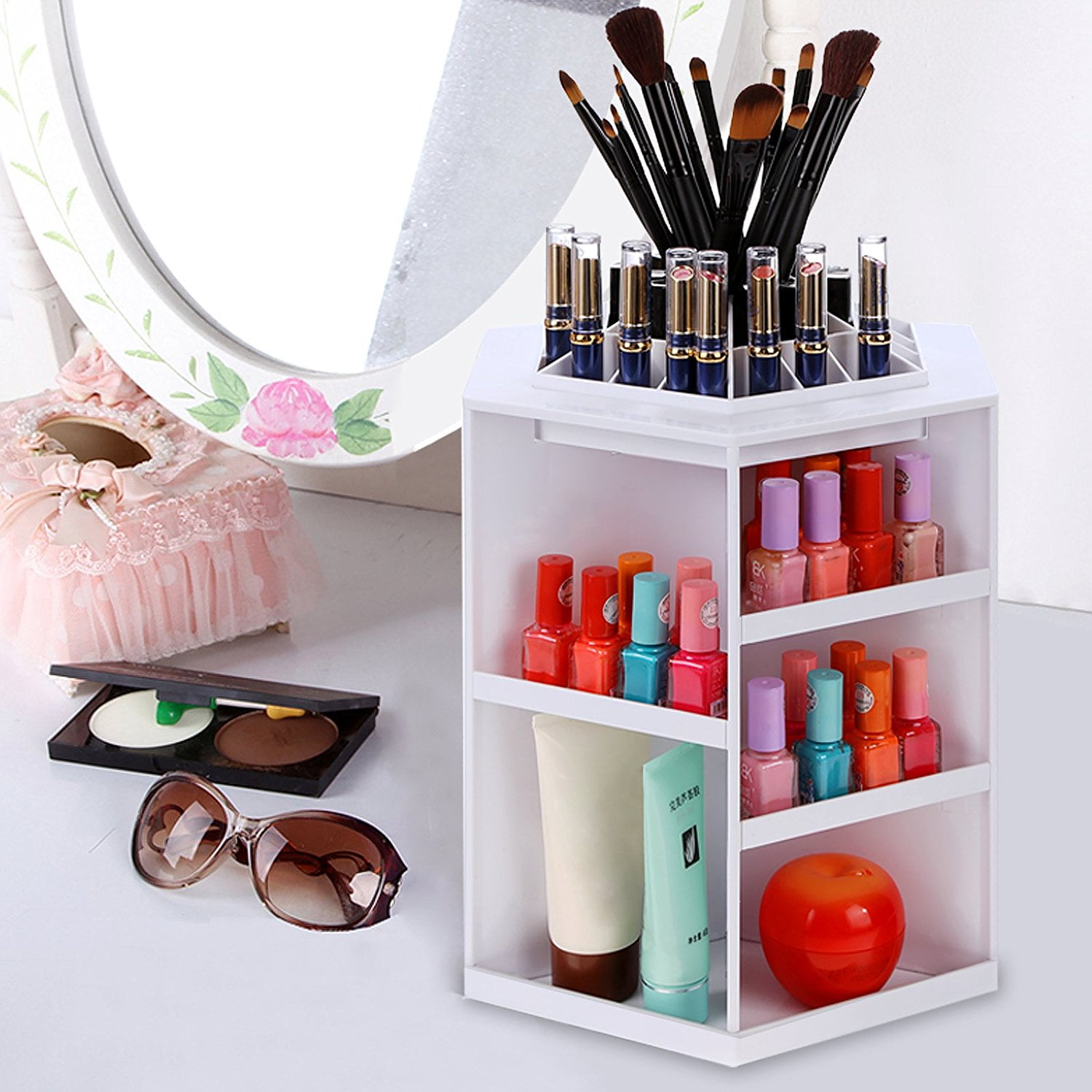 360 Degree Rotating Cosmetics Organizer Assembly Large Capacity 360 Degree Rotating Cosmetics Organizer Assembly Large Capacity Desktop Make Up Display Spinning Rack Storage Box Gift For Valentine S Day White