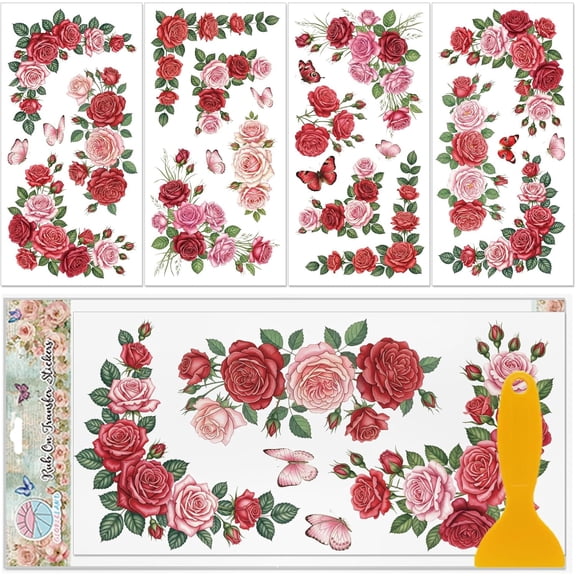 4 Sheets Roses Flowers Corners Furniture Transfers Stickers 6x12inch Butterfly Rub on Transfer UV Self-Adhesive Stickers Wall Art Craft