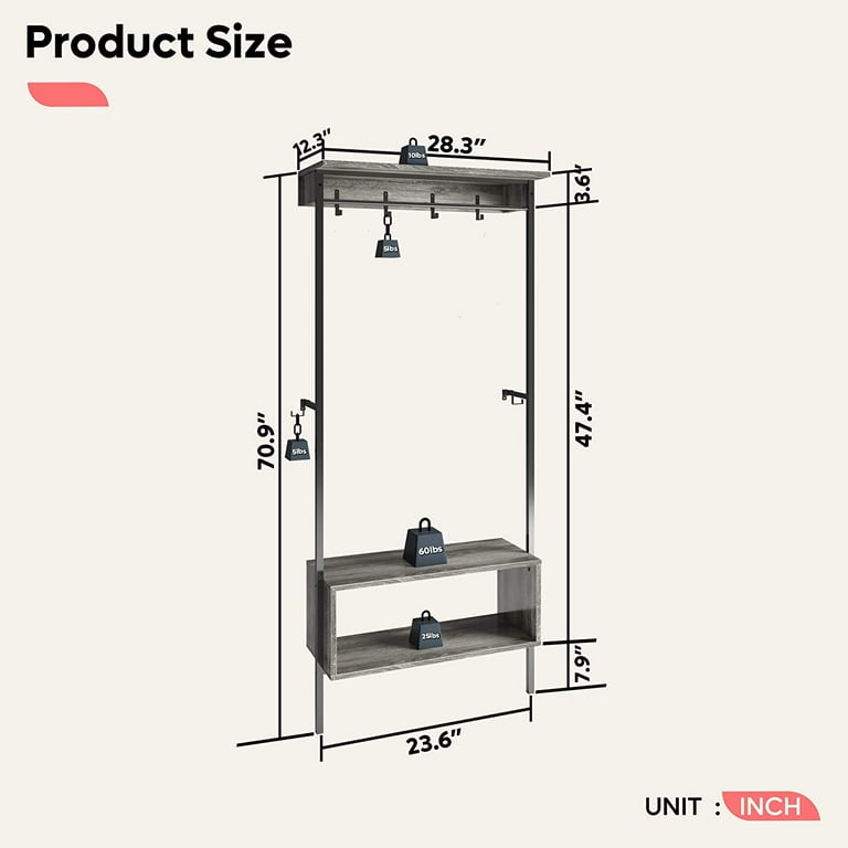 Bestier 71 inch Hall Tree with Shoe Bench for Entryway Coat Rack Storage  Shelf Stand with Hooks Grey 