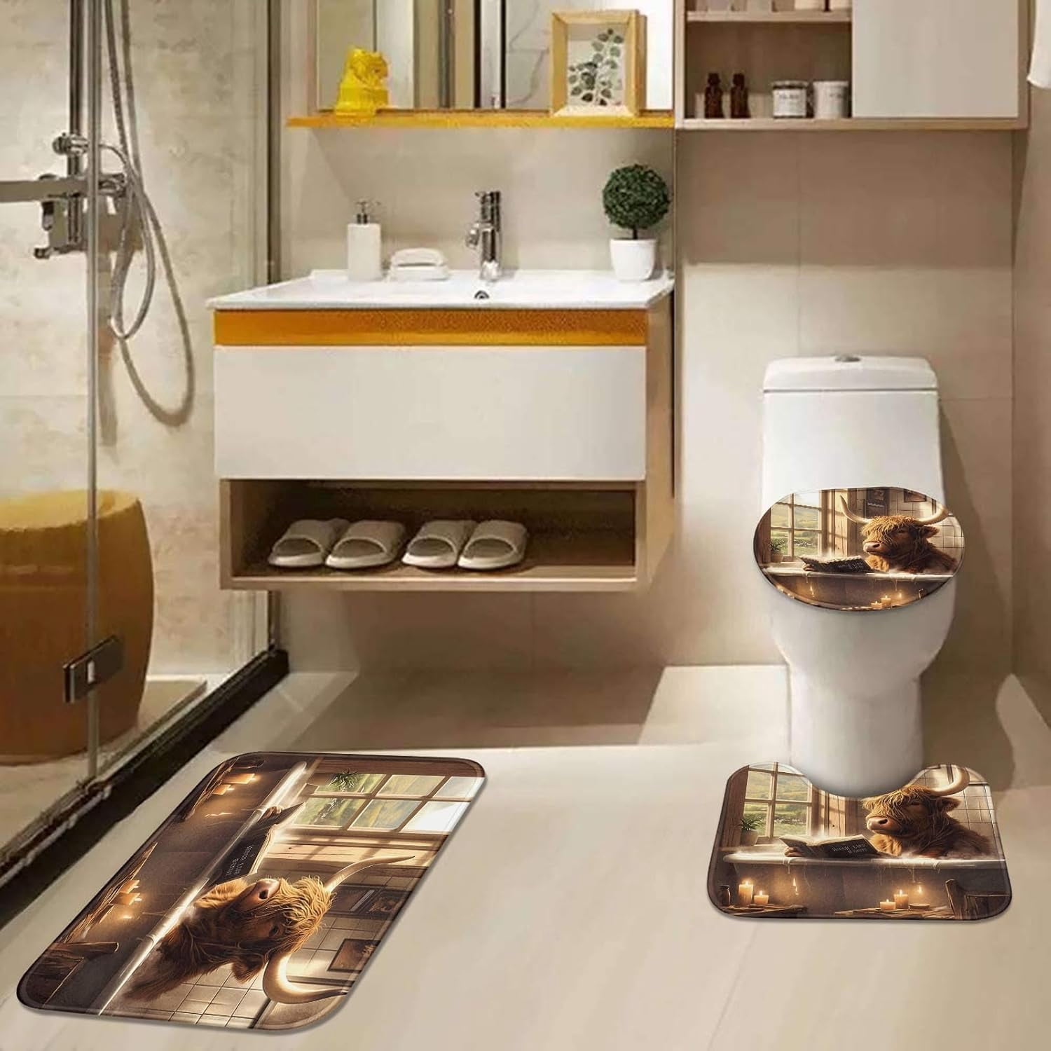 Highland Cow Sunflower Leopard Vintage Shower Curtain Sets with Toilet Lid Cover and Non-Slip Rugs, 4 Pcs Shower Curtain with 12 Hooks, Farmhouse Bathroom Set with Rugs and Accessories