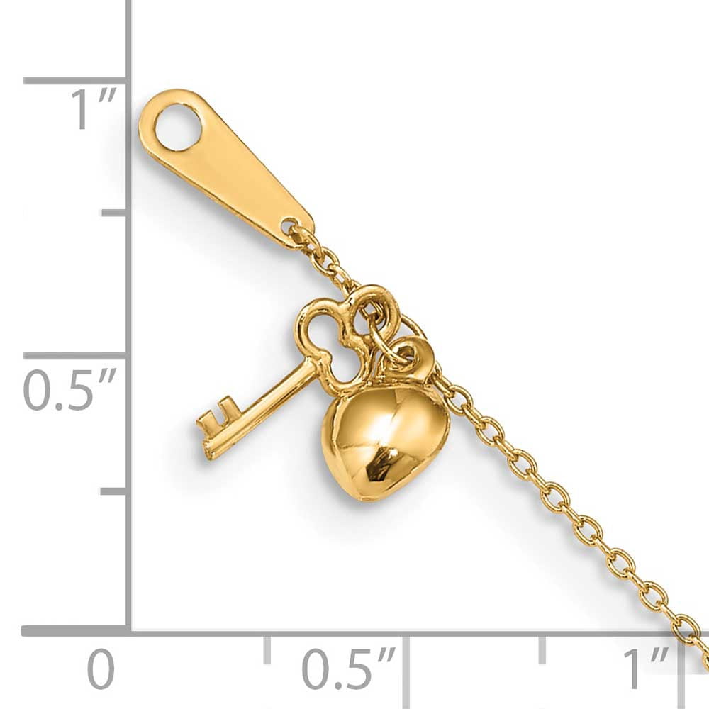 Primal Gold 14 Karat Yellow Gold Gold Heart and Key 9-inch Plus 1-inch Extension Anklet