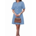 thumbnail image 4 of Knitted Dress Women'S Elegant Short Sleeves Round Neck Fake Pockets Single Breasted A-Line Dress Sky Blue L, 4 of 8