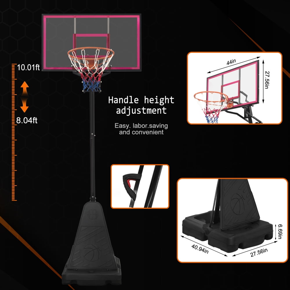 Portable Basketball Hoop for Youth Adults & Professional Match,Adjustable Height 8.04 ft to 10.01 ft,44 inch Backboard with Rebound System, Outdoor Basketball Goal with Rebound Board and Wheels