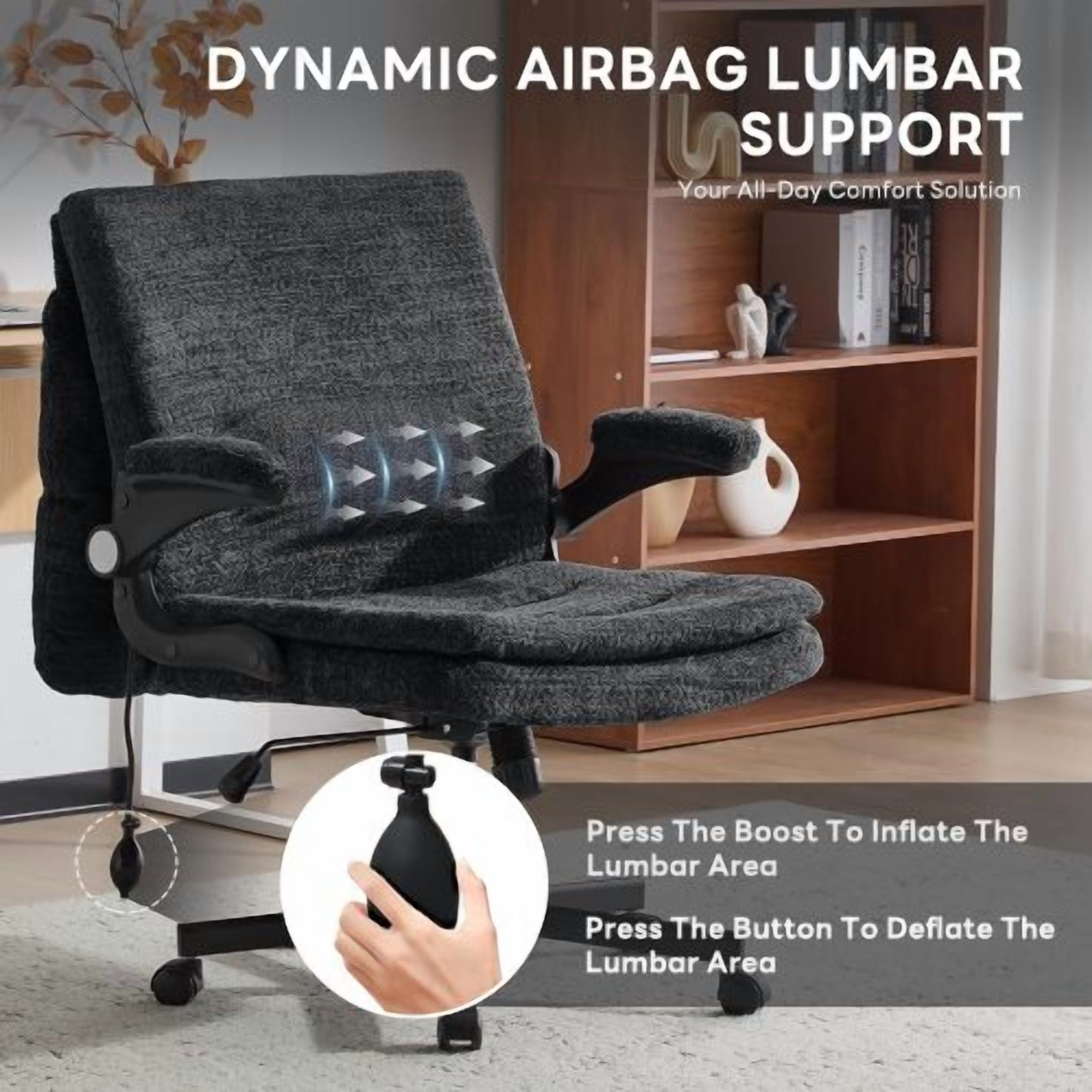 Criss Cross Legged Office Chair with Flip-Up Back, Built-In Dynamic Airbag Lumbar Support, Wide Seat Desk Chair with Flip-Up Arms, Modern Cross-Leg Chair for Home Office, Vanity, Black