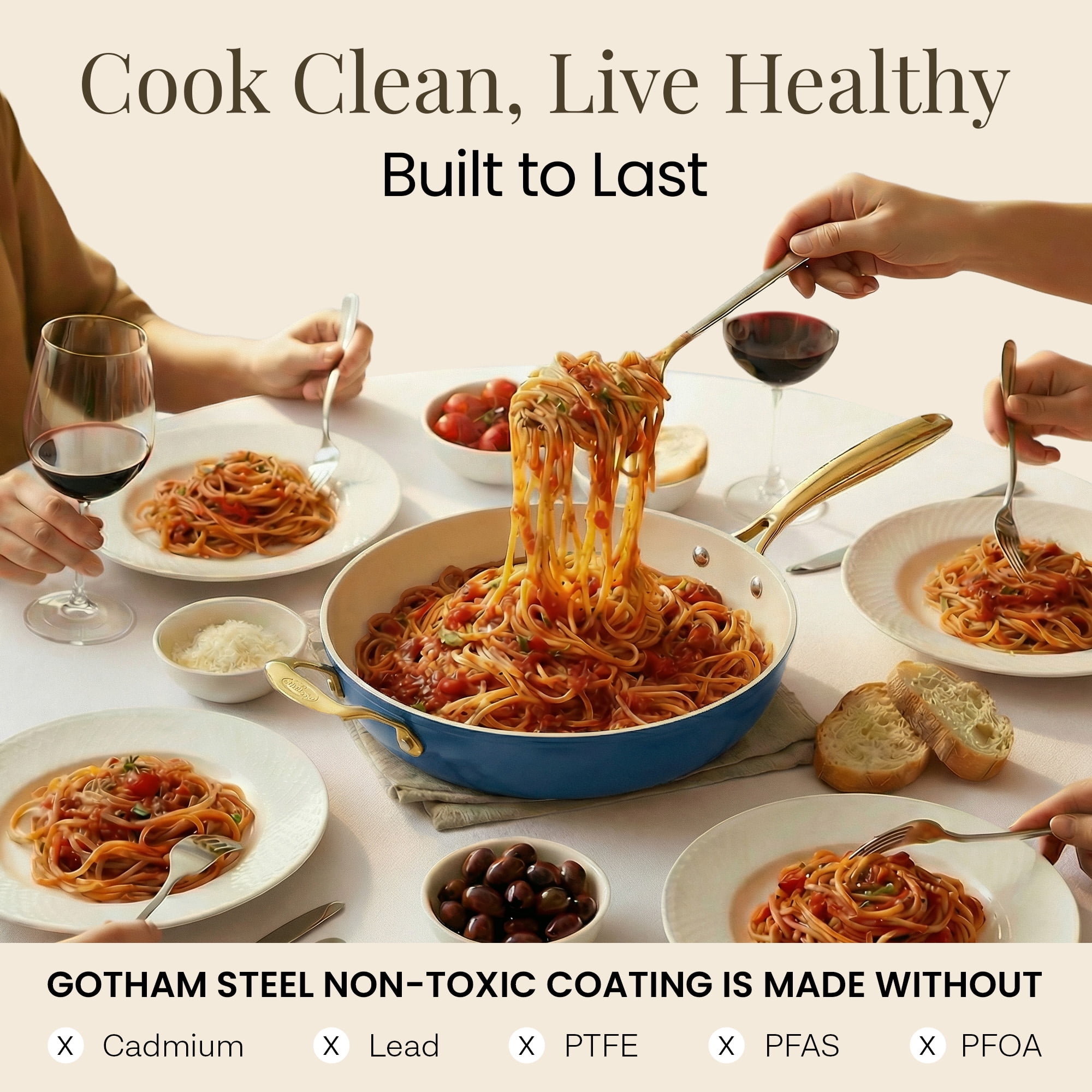 Gotham Steel 14 Inch Large Frying Pan with Lid, Ceramic Non Stick Frying Pans Skillet, Non Toxic Frying Pans Nonstick for Sauté & Cooking, Oven & Dishwasher Safe, Navy/Cream with Gold Handles
