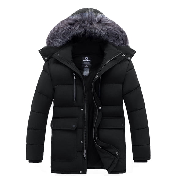 Wantdo Men's Recycled Thicken Winter Coat Mid-length Puffer Winter Parka Jacket with Detachable Hood Black L
