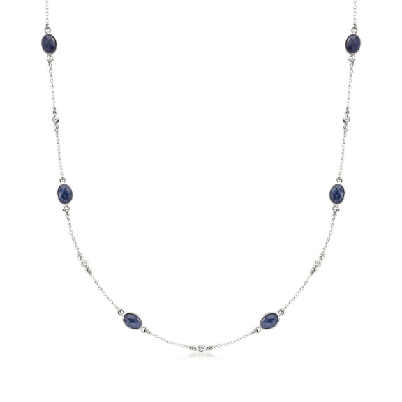 Ross-Simons 7.20 ct. t.w. Sapphire and .25 ct. t.w. Diamond Station Necklace in Sterling Silver, Women's, Adult