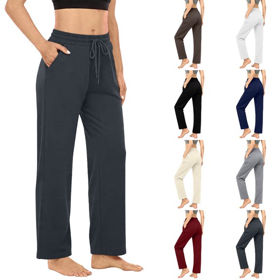 Zpzdpjkx Women's Elastic Waist Straight Leg Yoga Pants Casual Solid Drawstring Workout Pants with Pockets
