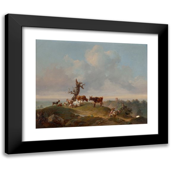 Joseph Heicke 14x12 Black Modern Framed Museum Art Print Titled - Cows and Goats in the Pasture (1840)