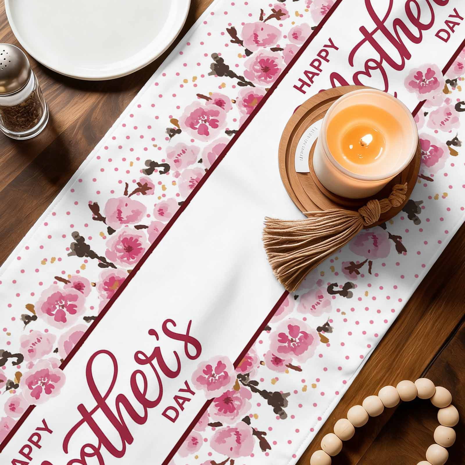 Pink Mother's Day Cotton Linen Table Runner for Dining Kitchen, Watercolor Flowers Modern Polka Dot Striped Wedding Outdoor Party Tablerunners, Dresser Scarf Coffee Tablecloth Runners 13x120 Inches