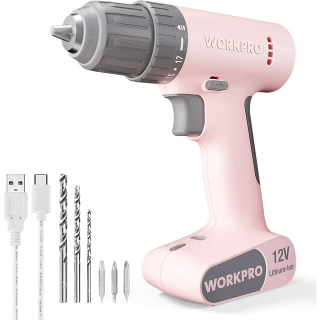 12V Cordless Pink Drill Set, Electric Drill Kit with 3/8-Inch Keyless Chuck, 6 Pcs Bits, Variable Speed, 18 Touque Setting, Type-C Charge Cable, Led Light
