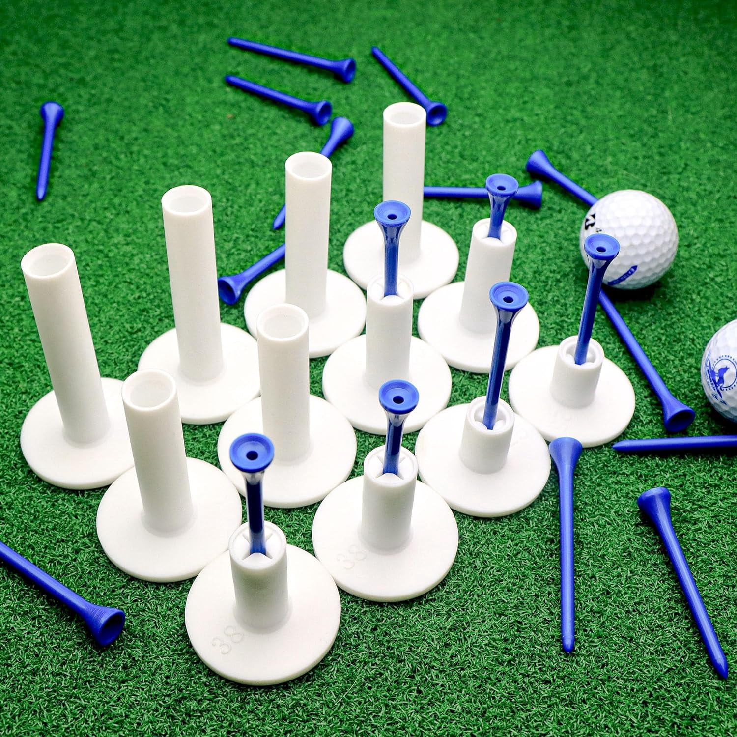 Rubber Golf Tees for Mats, Golf Tee Holder for Driving Range & Simulator, Unbreakable Golf Mat Tee - Golf Accessories for Indoor & Outdoor Practice, 6 Sizes Rubber Tees & 2 Sizes Tees (32 Pcs)