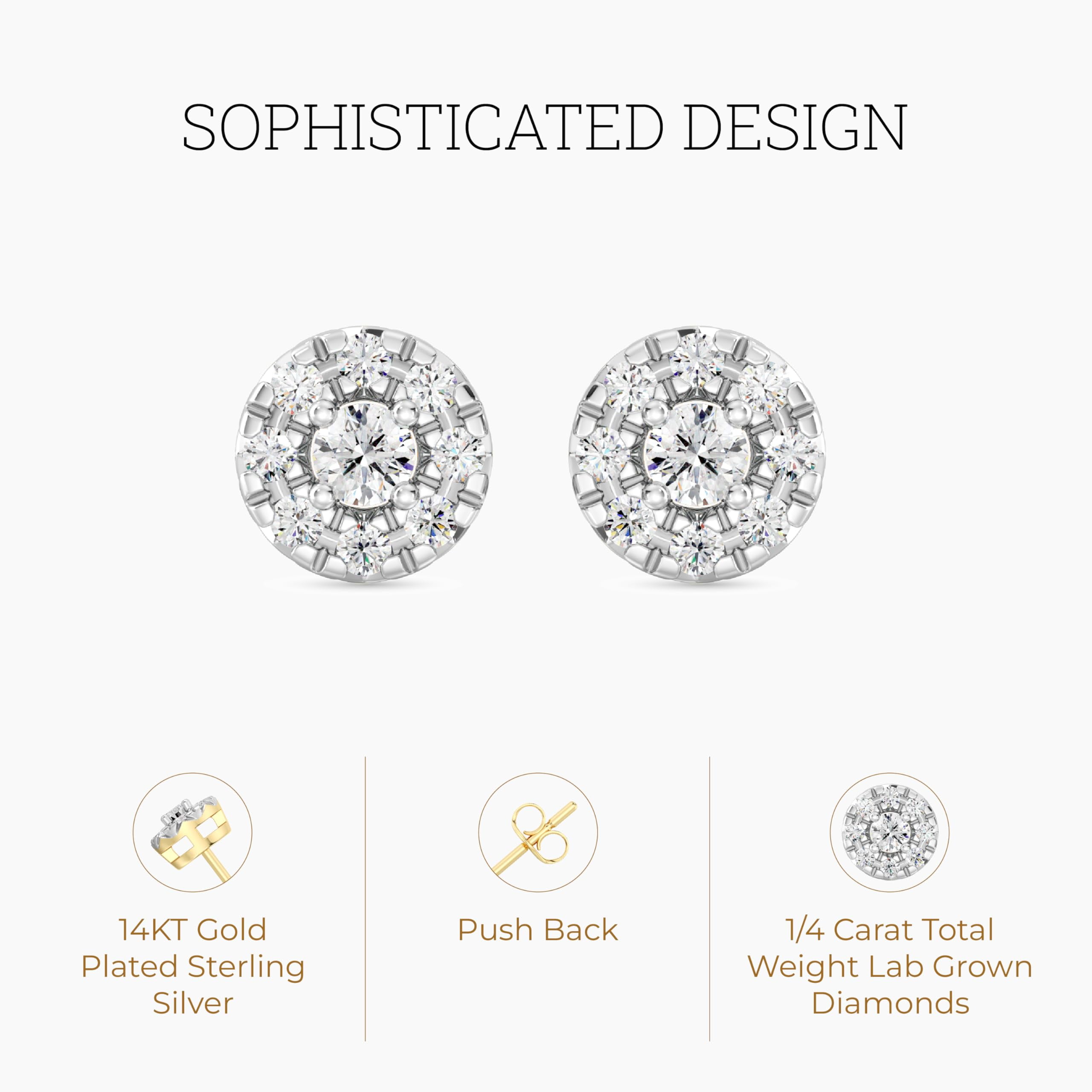 Gilded 1/4 Carat Total Weight Lab-Grown Diamond 14KT Yellow Gold Plated Silver Stud Earrings for Women, Round Halo Shaped, Hypoallergenic Fine Jewelry, Prong Setting Push Back Nut SI1 Clarity F Color