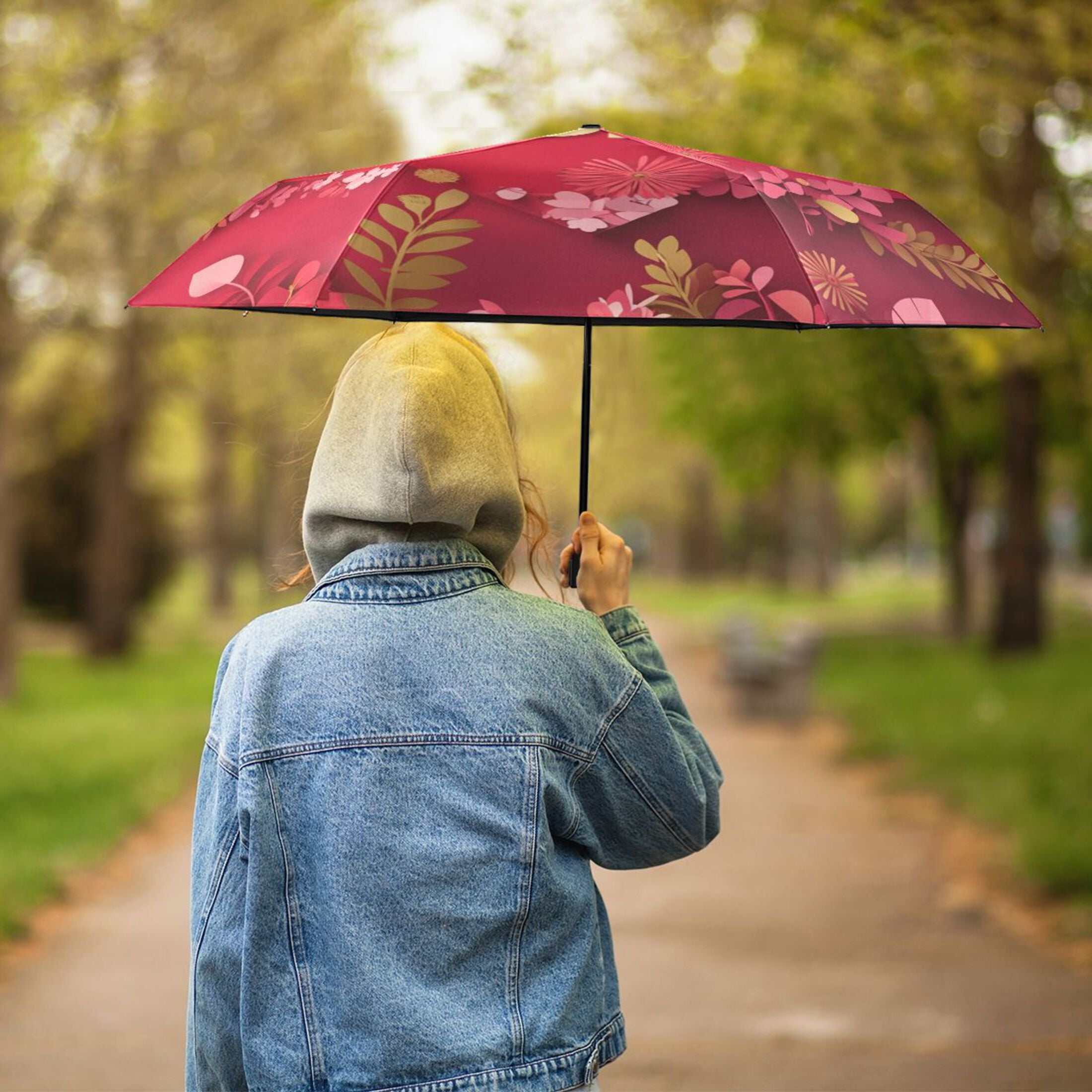 Love Mom Flowers Mothers Day All Weather Umbrella Triple Folding Parasol 6 Ribs UV Protection Portable
