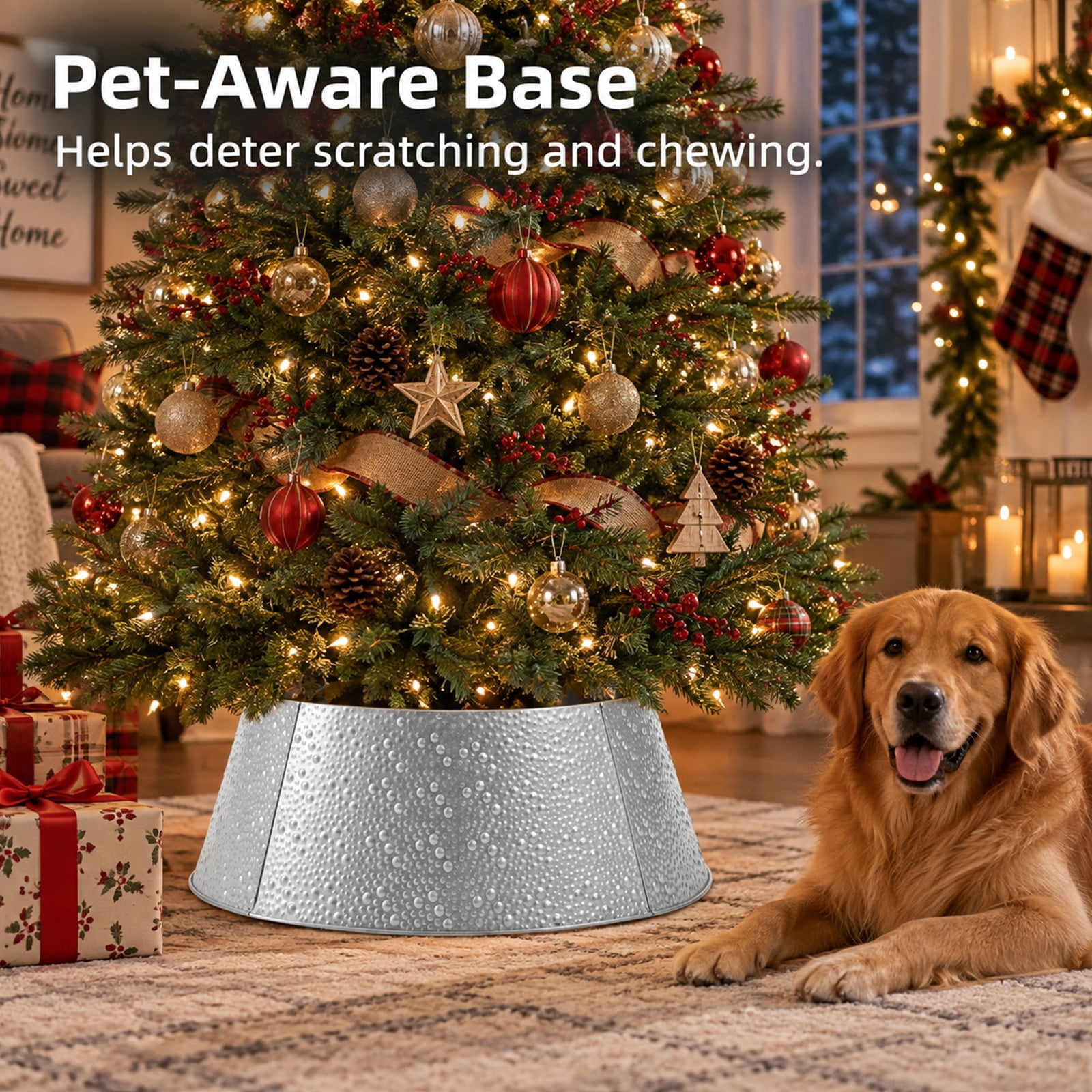 Alvantor Metal Christmas Tree Collar, Waterproof Cover, Silver, 26.57 x 22.05 x 9.45 In