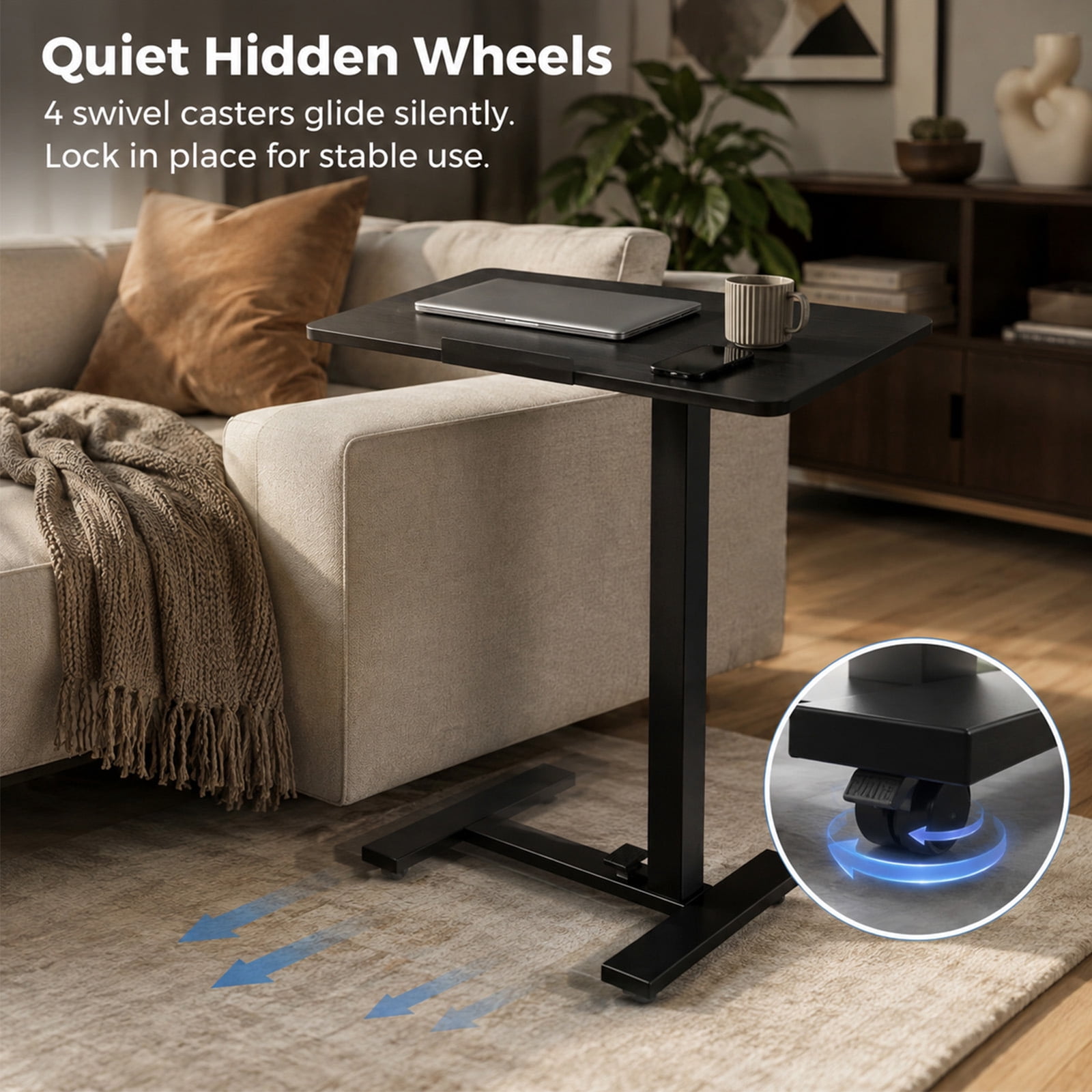 Alvantor Adjustable Bedside Table with Wheels, Overbed Table Portable Standing Cart & Laptop Desk with Adjustable Height and Inclination, Suitable for Bed, Couch, Wheelchair
