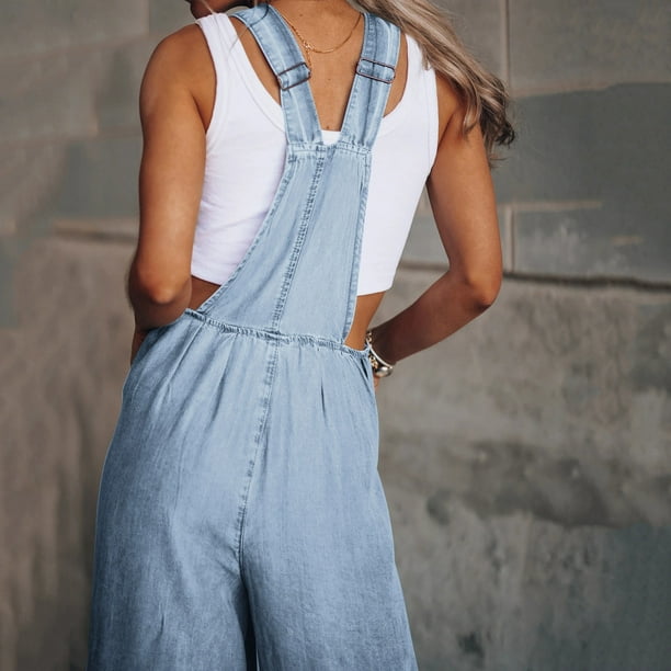 Flywake Denim Overalls for Women Clearance Women Fashion Solid Oversize  Denim Pokets Splicing Casual Zipper Fringe Jeans Overalls Rompers Pants
