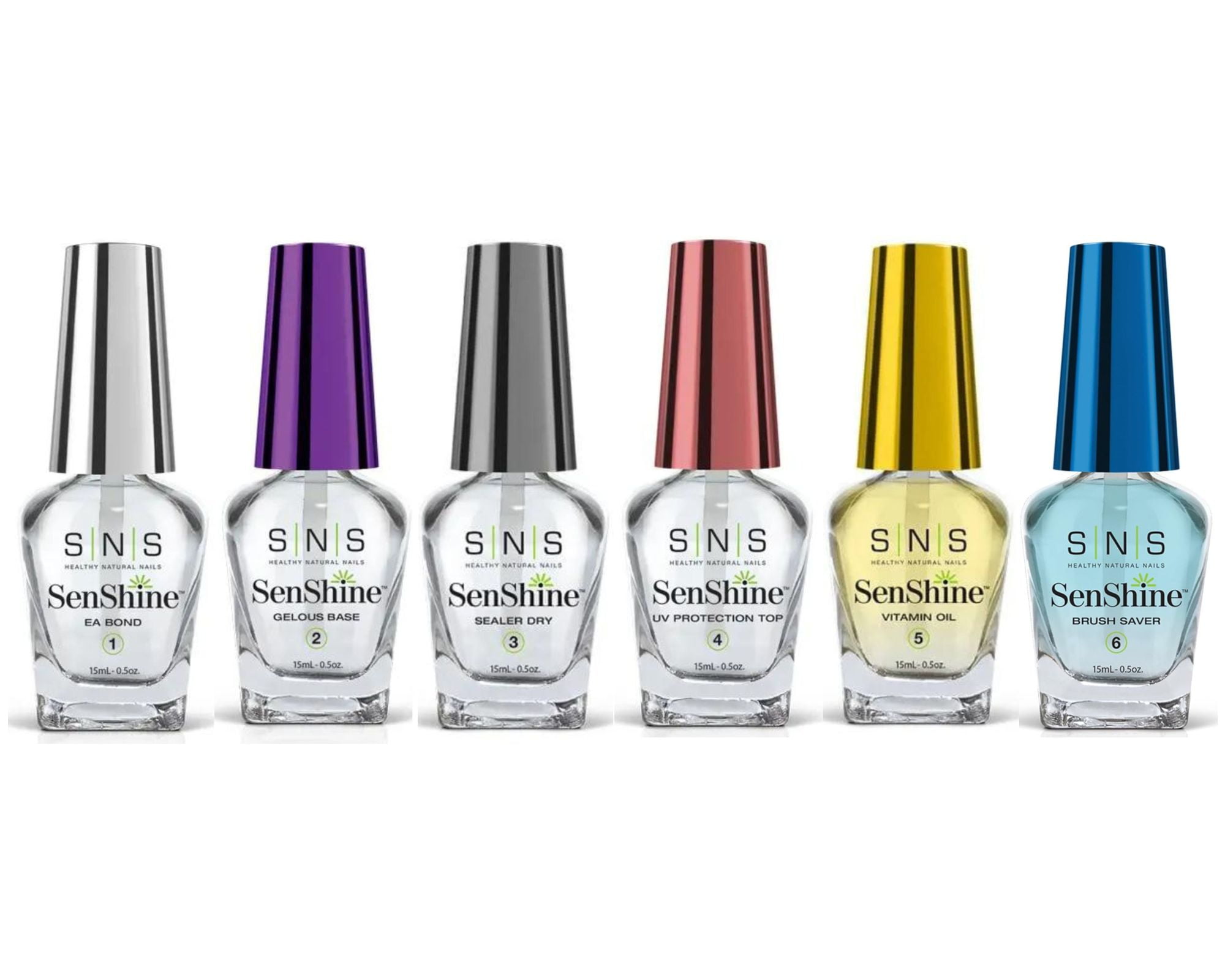 SNS SenShine Bases & Sealers ( E.A Bond,Gelous Base,Sealer Dry,UV Protection Top,Vitamin Oil ,Brush Saver ) - 6 Bottle SET - 0.5 oz each