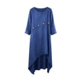 thumbnail image 5 of Homenesgenics Dresses for Women Plus Size Women's Solid Color Loose Casual Linen Irregular Hem Quarter Sleeve 3/4 Sleeve Round Neck Dress Blue XL, 5 of 7