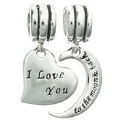 Sterling Silver ''I Love You to The Moon & Back'' Heart European Style Dangle Bead Charm Set Fits Pandora