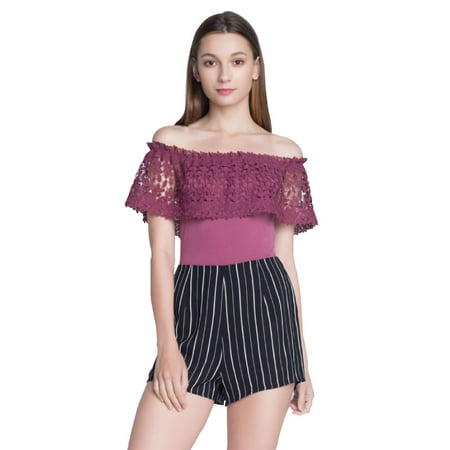 Embroidered Collar Bodysuit - OFASHIONUSA Women's Off The Shoulder Embroidered Flounce Layer Bodysuit Top