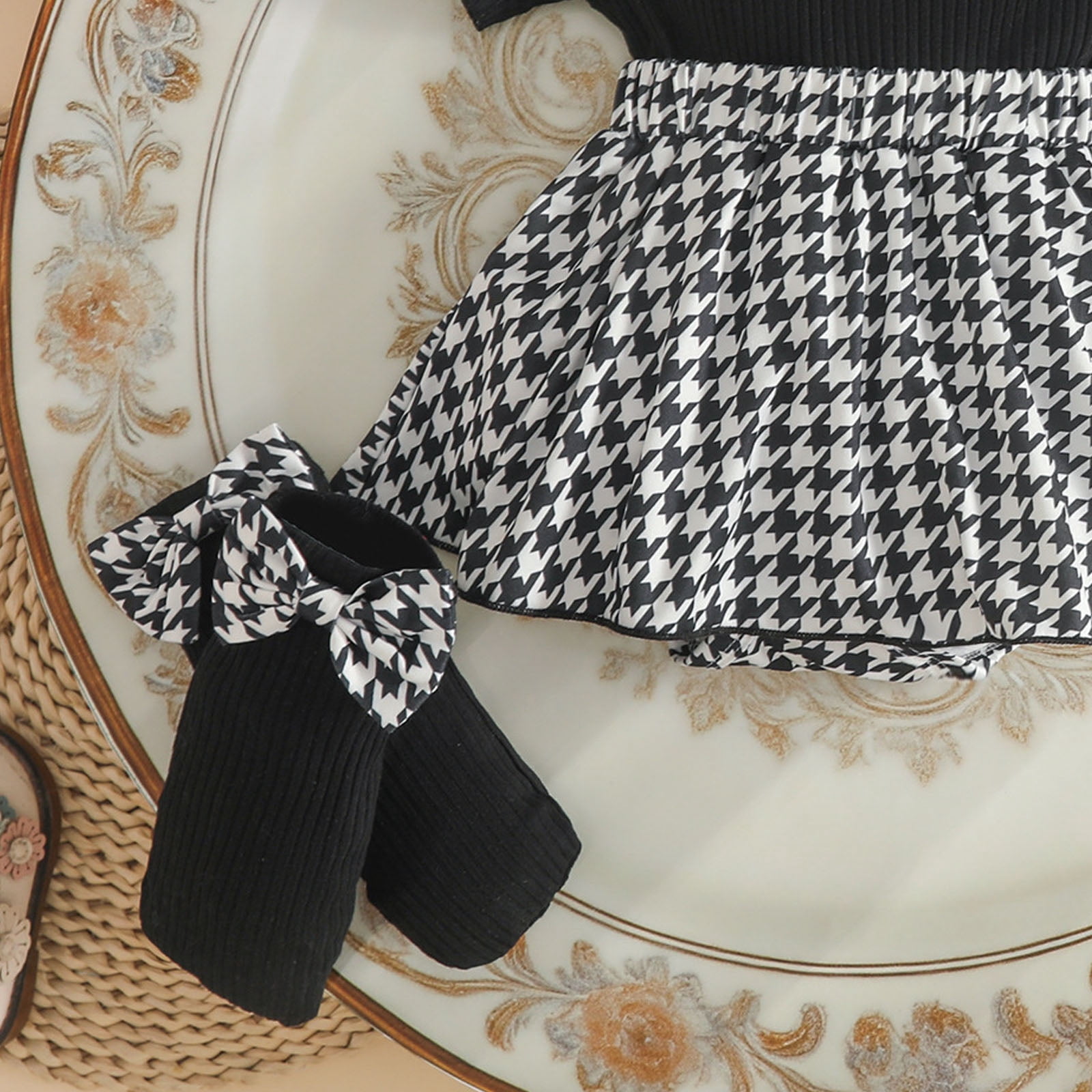 Faraee Newborn Baby Girl Clothes Smocked Bubble Romper Dress Socks Headband Cute Summer Infant Girls 3 Piece Outfits (0-3 Months,Black)
