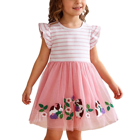 Girls Tulle Dress Kids Guinea Pig Embroidery Cotton Ruffle Sleeve Crew Neck Birthday Party Dress Pink,Size 7 T