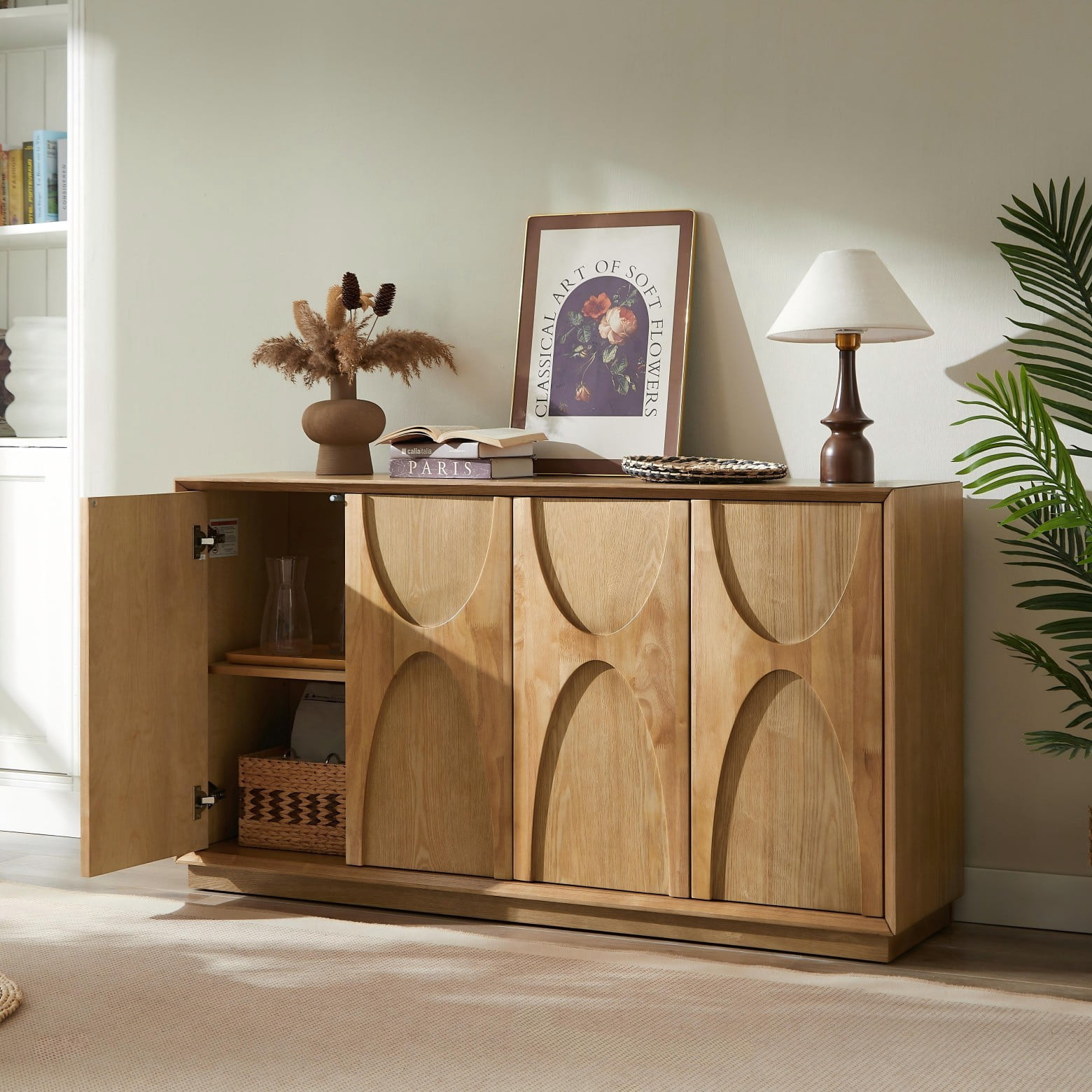 4 Door Accent Cabinet with Adjustable Shelves, Ash Veneer Sideboard Storage Cabinet, Push-to-Open Doors & Cable Management, Natural