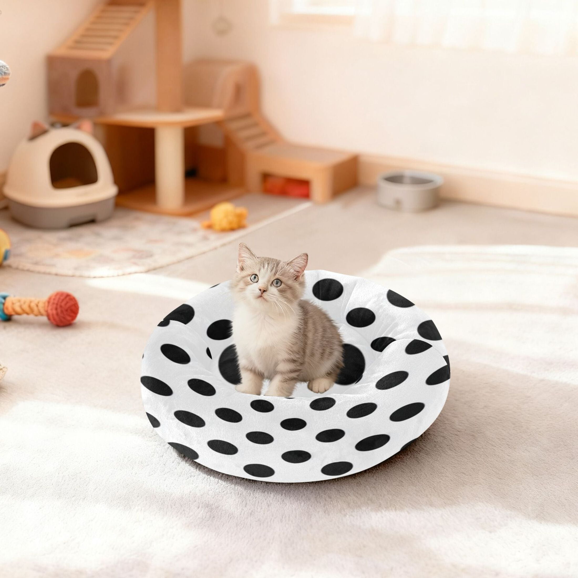 Iauyy Pet Couch Donut Cat Bed for Indoor Cats/Small Dogs Washable & Machine with Non-slip Bottom Calming Cat Furniture, Black and White Dot (XS)