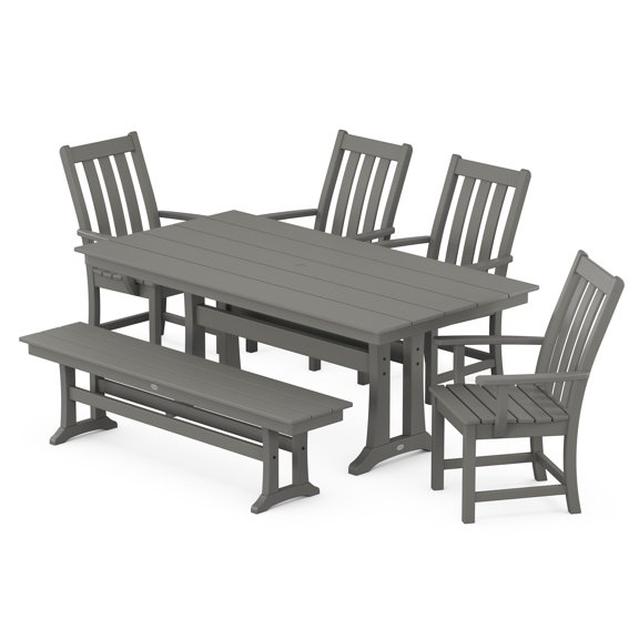 POLYWOOD Vineyard 6-Piece Arm Chair Farmhouse Dining Set with Trestle Legs and Bench in Slate Grey